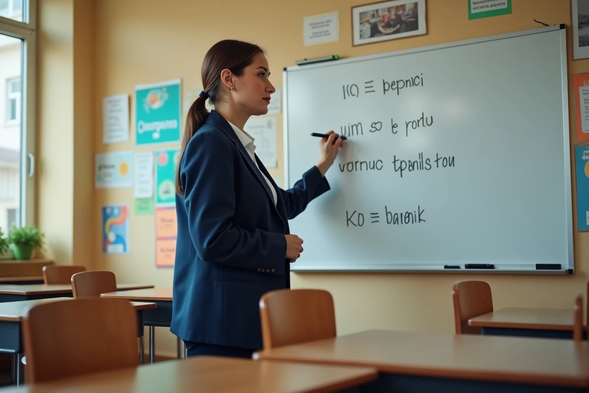 Professeure de espagnol écrivant la conjugaison du passé simple du verbe tener au tableau blanc dans une salle de classe