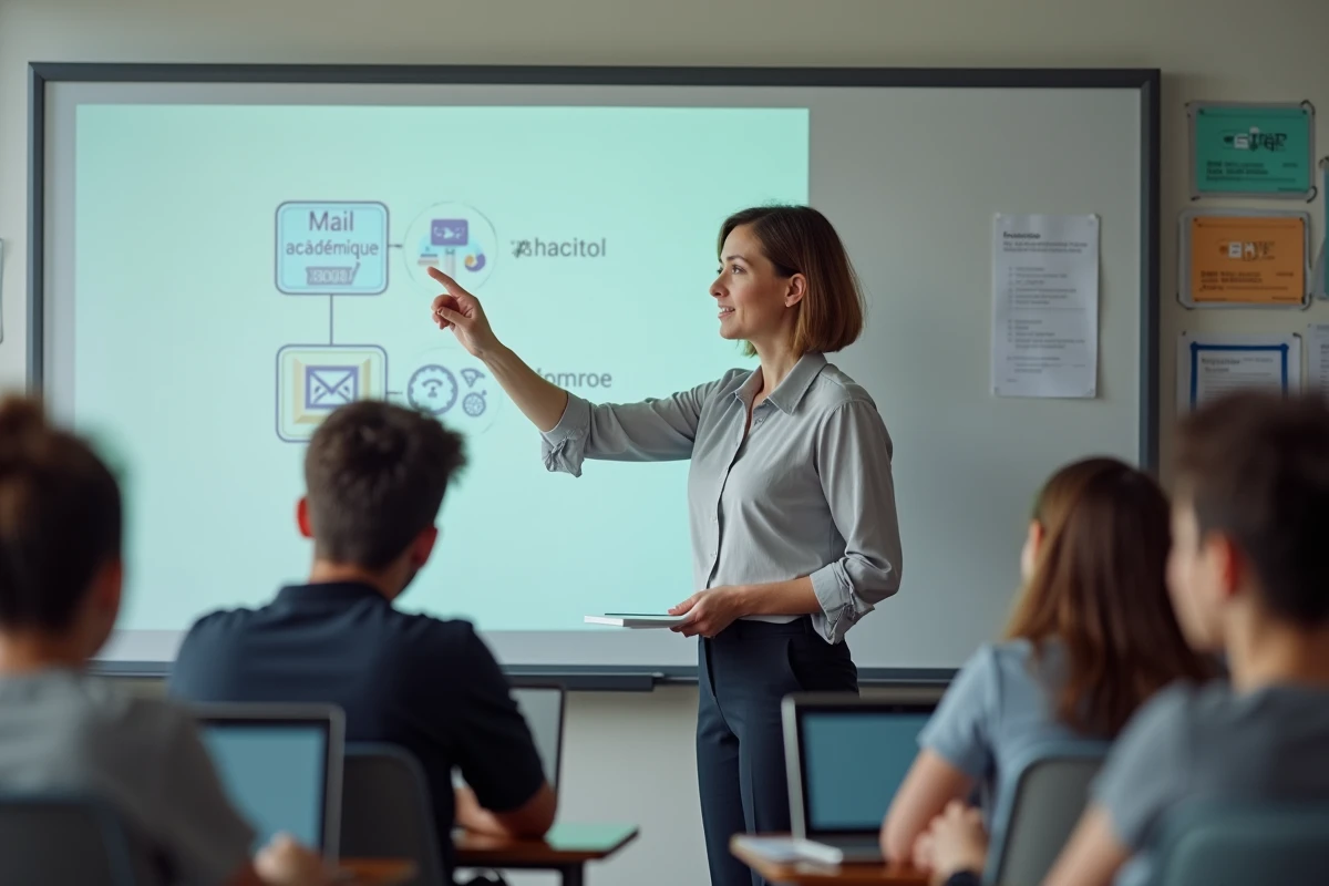 Professeure au tableau interactif avec élèves utilisant des tablettes en classe