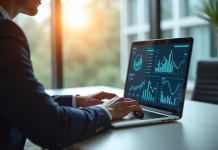 Professionnel d'affaires utilisant un ordinateur avec graphiques dynamiques