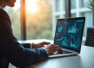 Professionnel d'affaires utilisant un ordinateur avec graphiques dynamiques