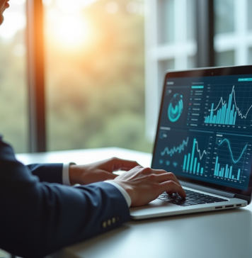 Professionnel d'affaires utilisant un ordinateur avec graphiques dynamiques
