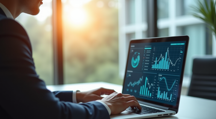 Professionnel d'affaires utilisant un ordinateur avec graphiques dynamiques