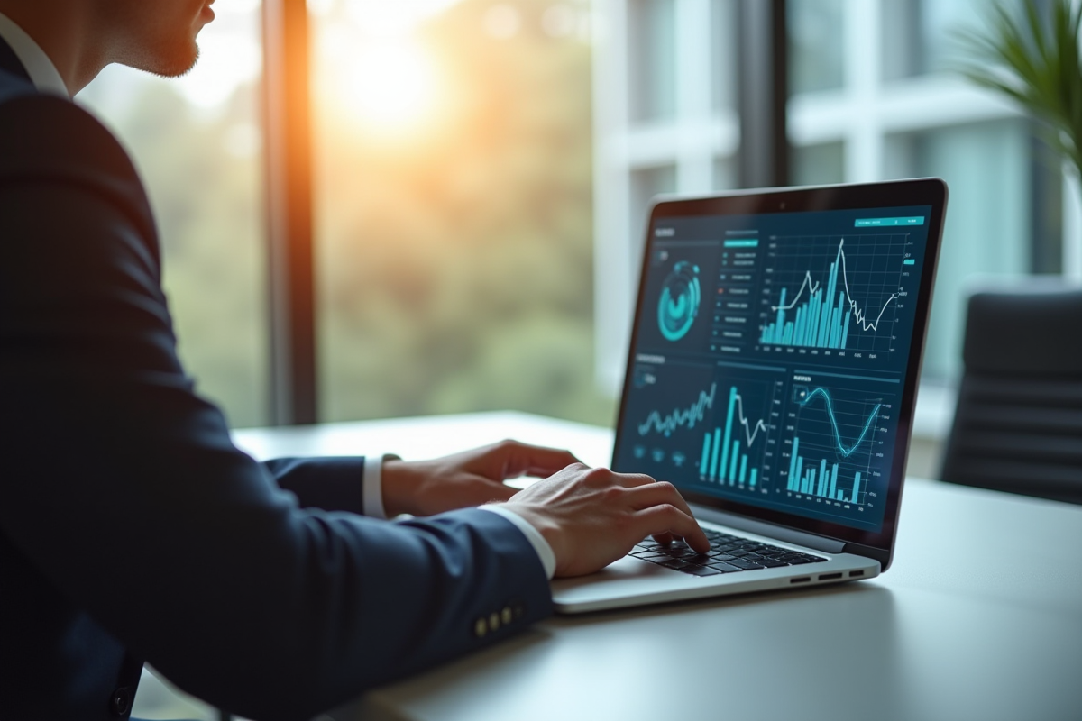 Professionnel d'affaires utilisant un ordinateur avec graphiques dynamiques