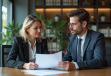 Deux professionnels en réunion dans un bureau moderne