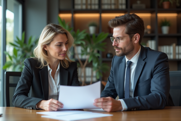 Deux professionnels en réunion dans un bureau moderne