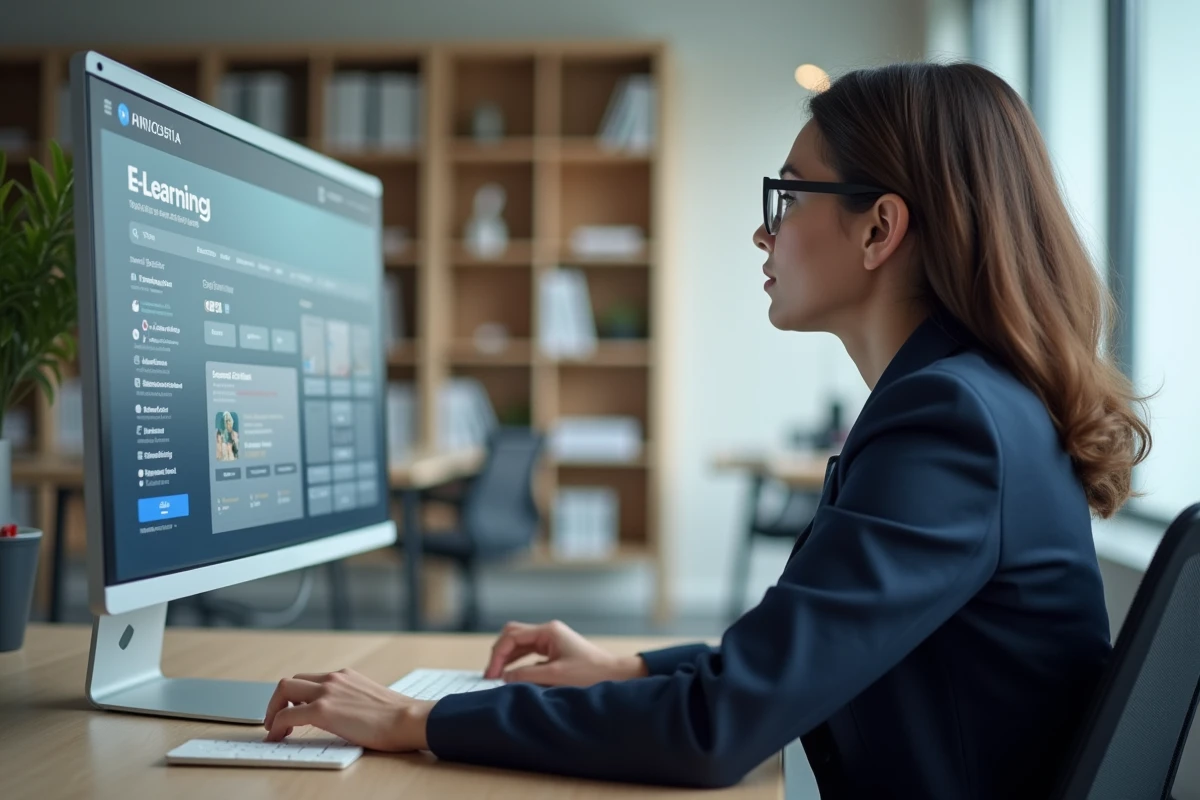 Femme professionnelle recherchant une conférence métier sur une plateforme e-learning universitaire depuis son bureau