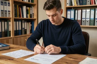 Jeune homme rédigeant une lettre de motivation pour rejoindre la gendarmerie après un échec au concours