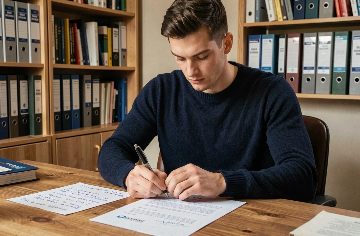 Jeune homme rédigeant une lettre de motivation pour rejoindre la gendarmerie après un échec au concours