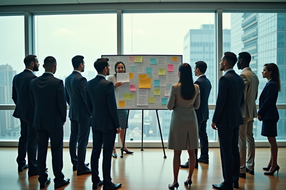 Groupe de managers en réunion dans une salle vitrée