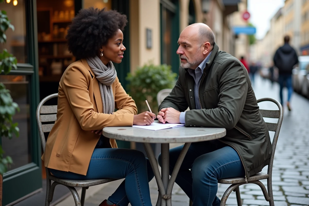 Deux personnes révisant ensemble les questions du dossier de naturalisation dans un café français