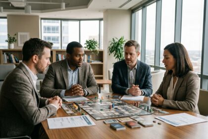 Groupe de professionnels adultes jouant à un serious game autour d'une table de réunion lors d'une formation en entreprise