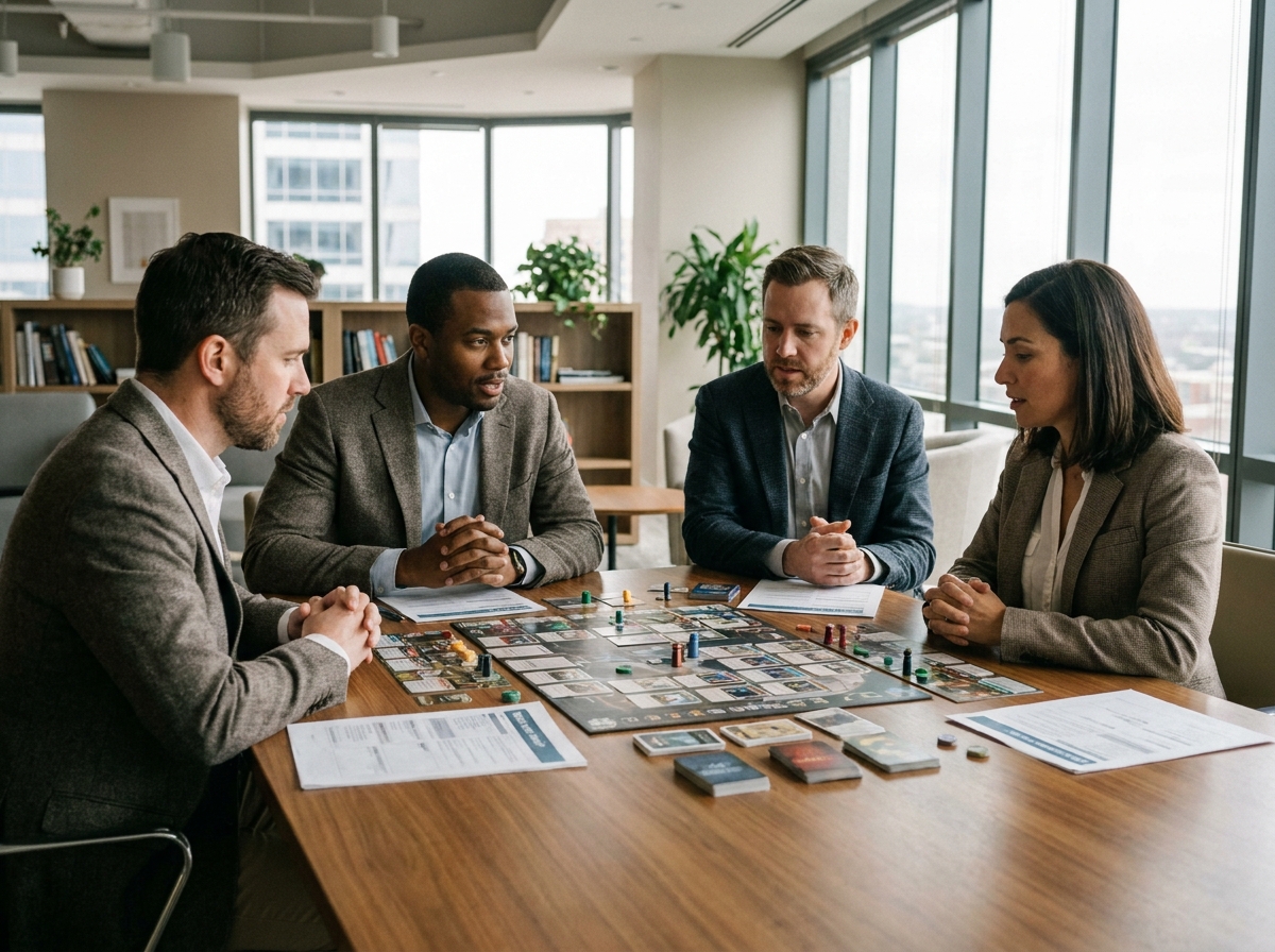 Groupe de professionnels adultes jouant à un serious game autour d'une table de réunion lors d'une formation en entreprise