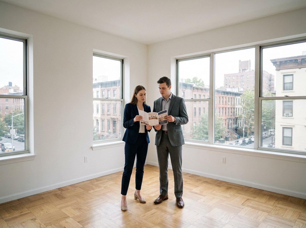 Deux étudiants en stage BTS Immobilier visitant un appartement vide dans le cadre de leur formation professionnelle