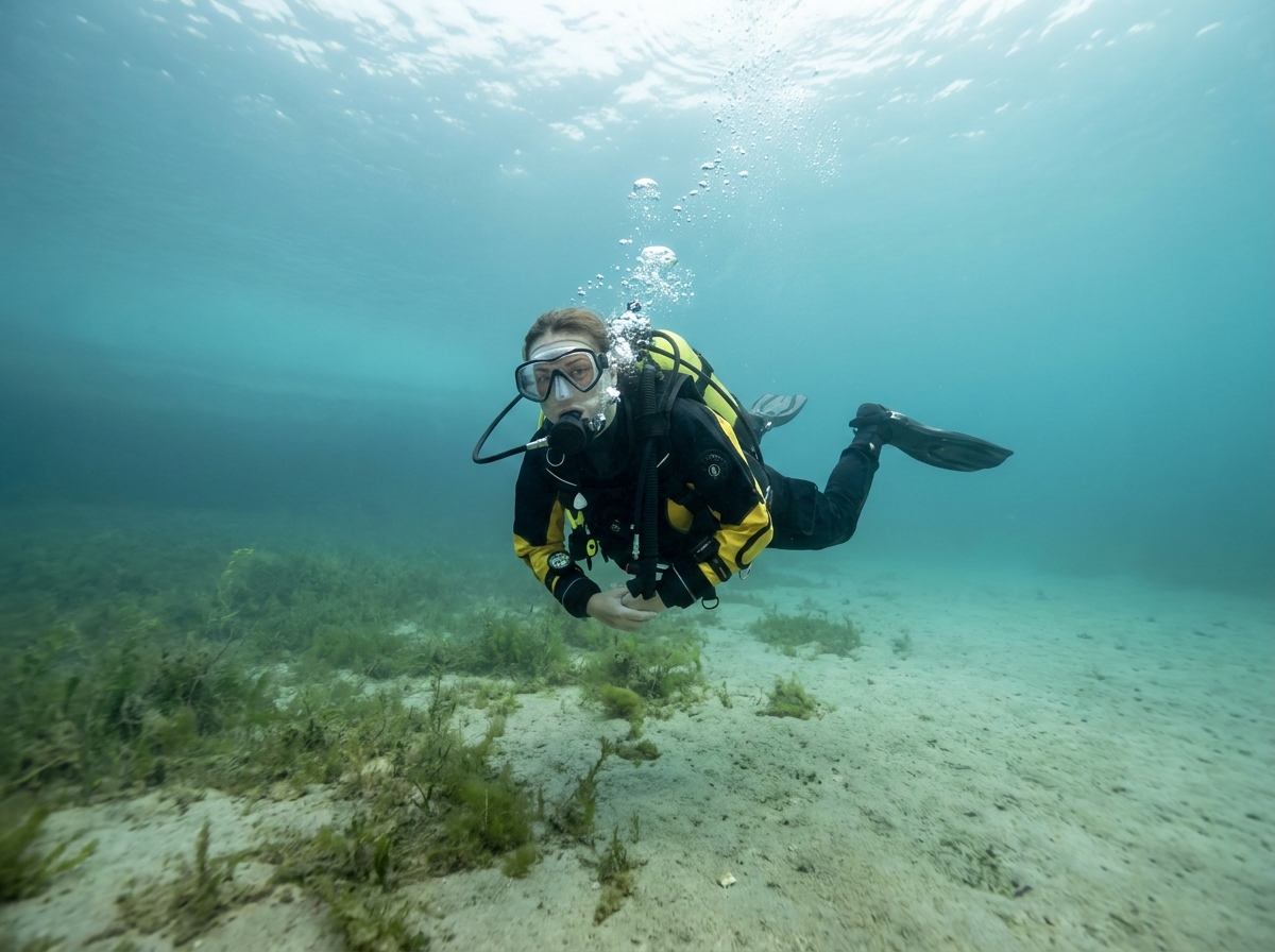 Stagiaire BPJEPS plongée subaquatique pratiquant la flottabilité en eau libre lors d'une séance d'entraînement en lac