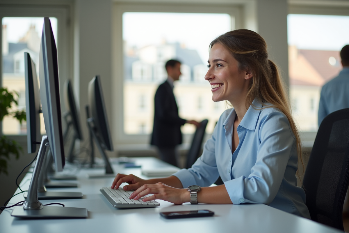 Stagiaire marketing souriante travaillant sur un ordinateur dans un bureau lumineux