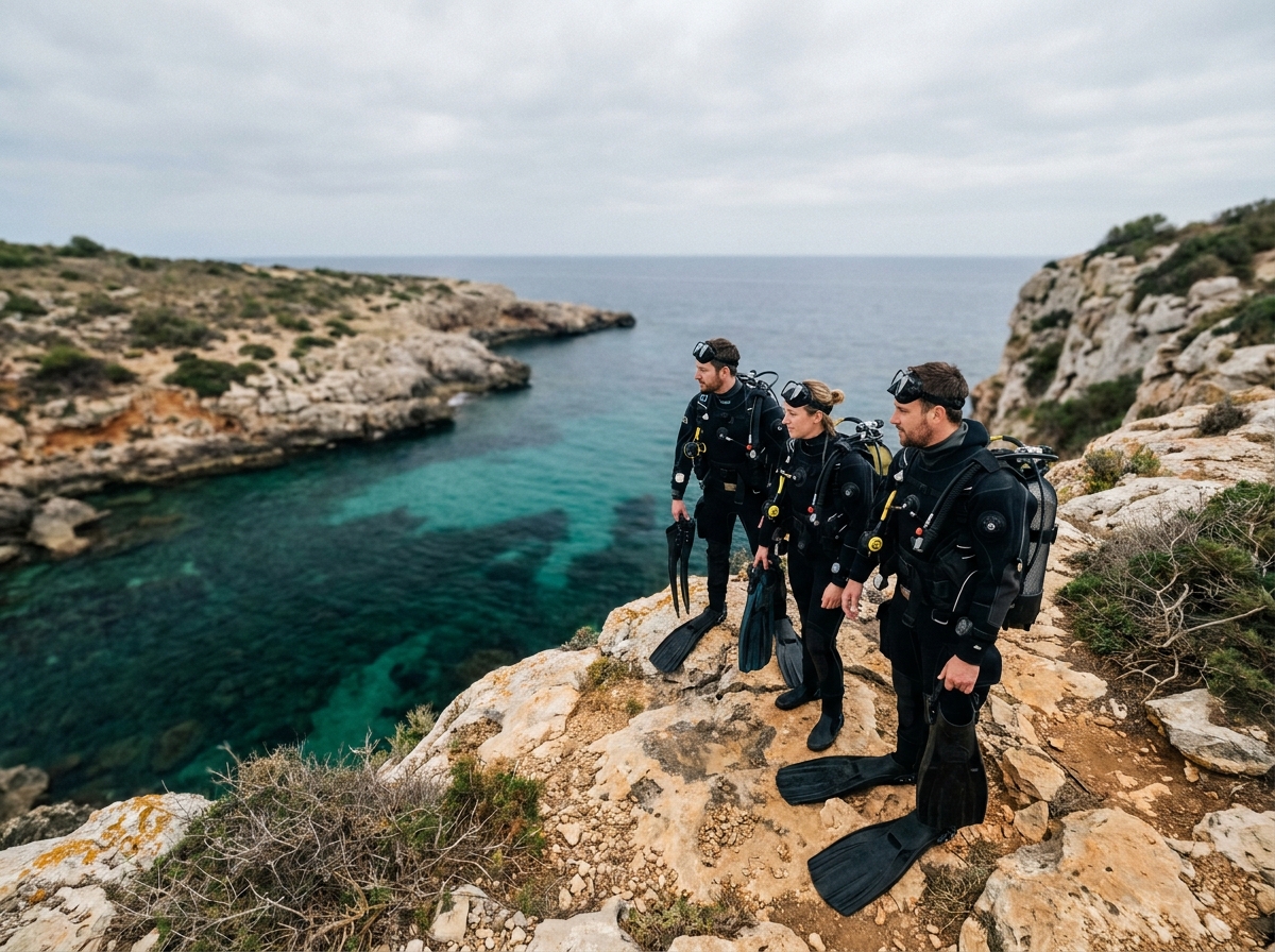 Groupe de stagiaires en formation BPJEPS plongée équipés en tenue de plongée sur une côte rocheuse avant une session en mer