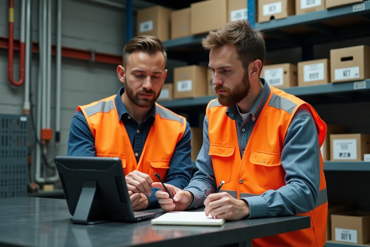 Deux techniciens en atelier électrique révisant ensemble des questions Habilec 8 sur tablette industrielle pour préparer leur habilitation