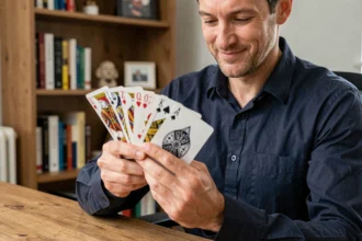 Magicien amateur apprenant un tour de cartes en éventail à son bureau à domicile