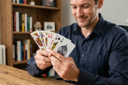 Magicien amateur apprenant un tour de cartes en éventail à son bureau à domicile