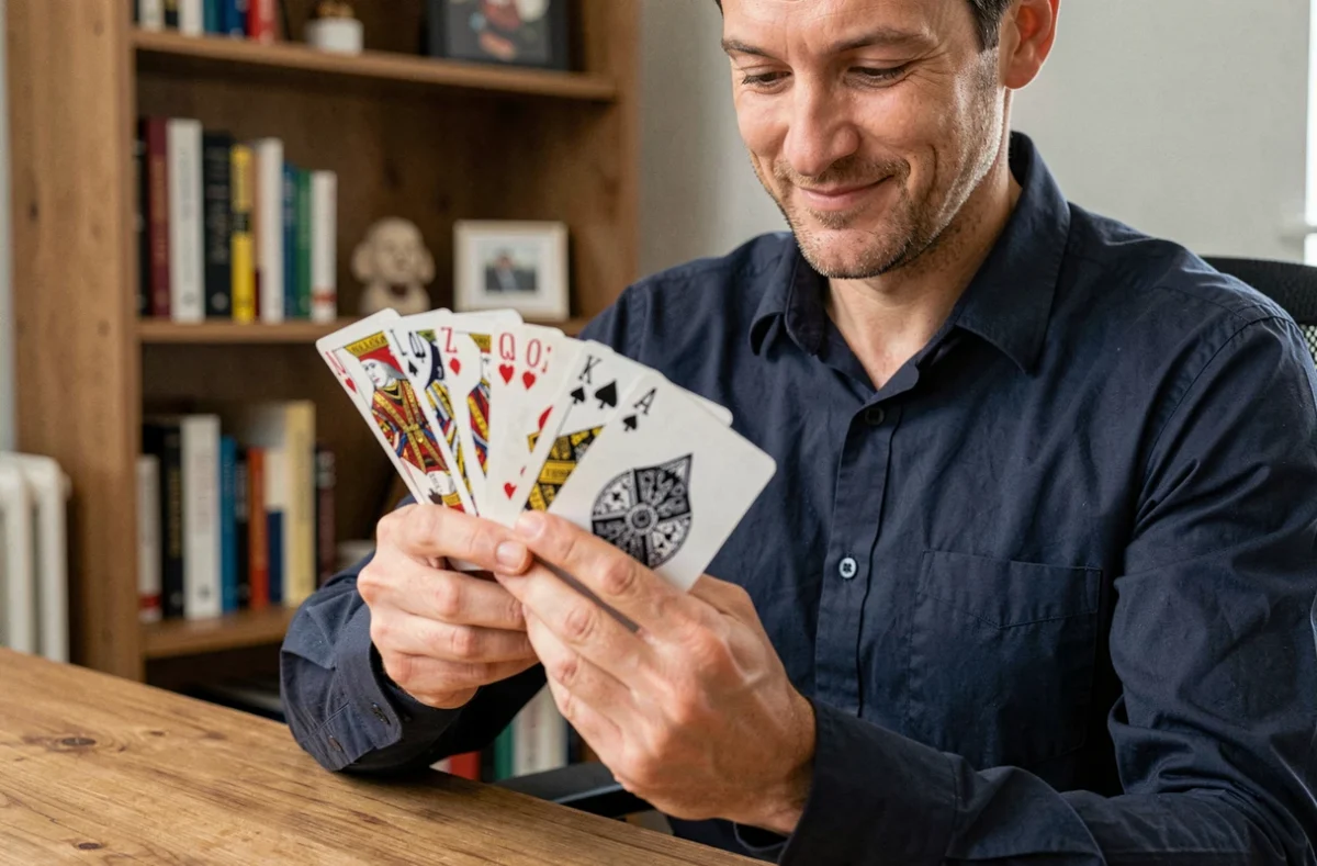 Magicien amateur apprenant un tour de cartes en éventail à son bureau à domicile