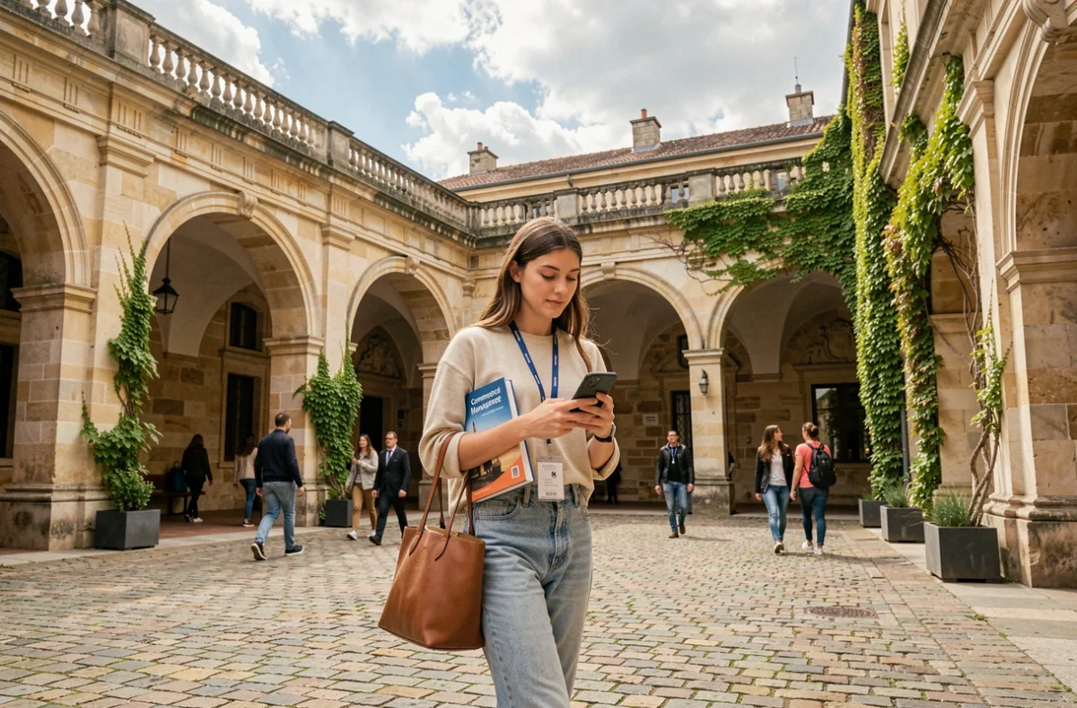 Étudiante en commerce et gestion traversant la cour historique de l'Université Bourgogne Europe à Dijon