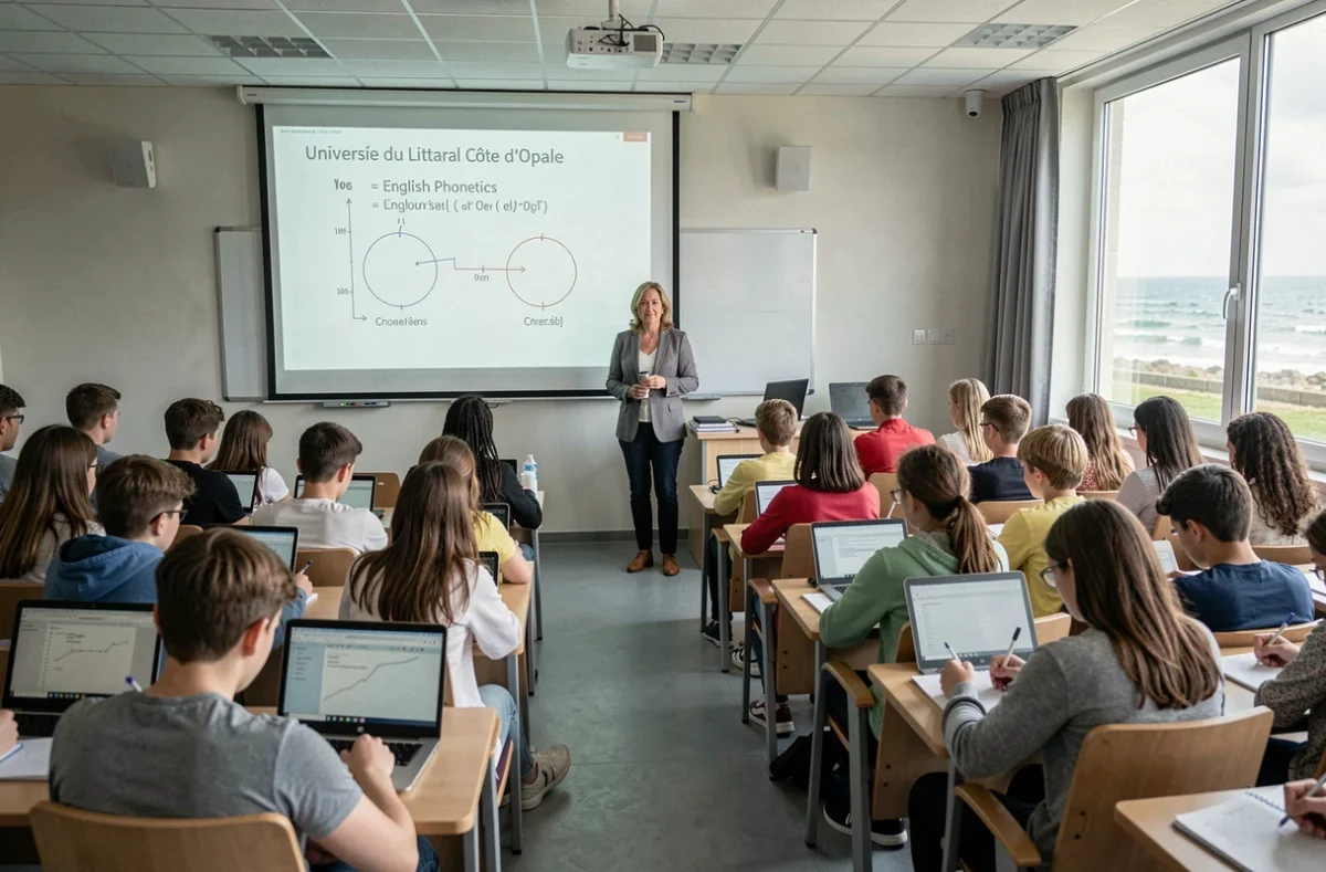 Cours d'anglais universitaire à l'Université du Littoral Côte d'Opale avec une professeure devant des étudiants en amphithéâtre