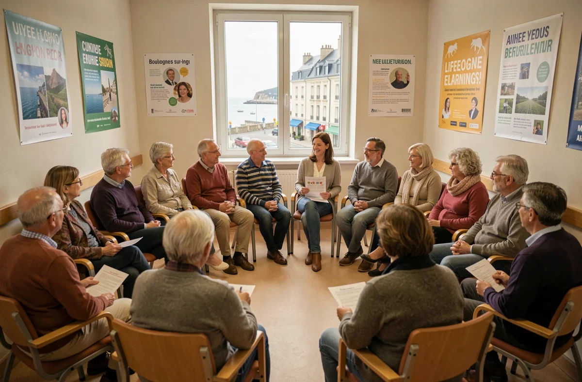 Cours d'anglais pour adultes et seniors à l'Université Tous Âges de Boulogne-sur-Mer dans une salle communautaire conviviale
