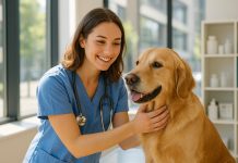 Vétérinaire souriante examinant un golden retriever dans une clinique moderne