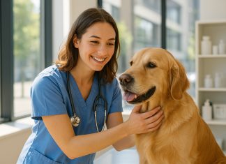 Vétérinaire souriante examinant un golden retriever dans une clinique moderne
