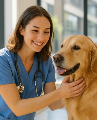 Vétérinaire souriante examinant un golden retriever dans une clinique moderne