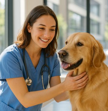 Vétérinaire souriante examinant un golden retriever dans une clinique moderne