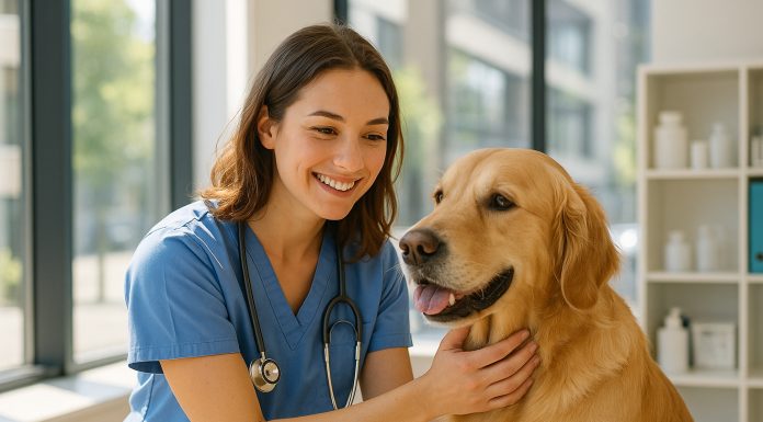 Vétérinaire souriante examinant un golden retriever dans une clinique moderne