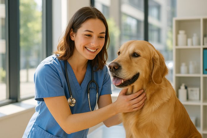 veterinaire-soignante-chien-clinique Vétérinaire souriante examinant un golden retriever dans une clinique moderne