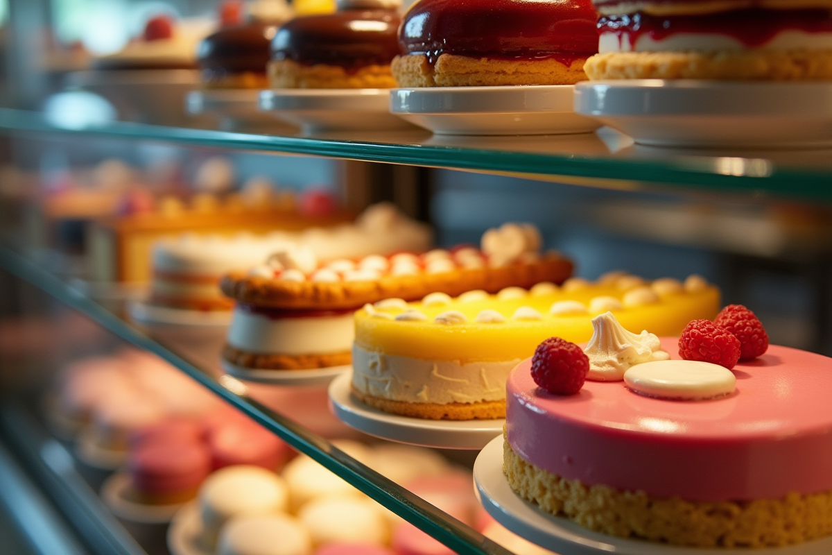 Vitrine avec éclairs macarons et tartes aux fruits dans une pâtisserie élégante